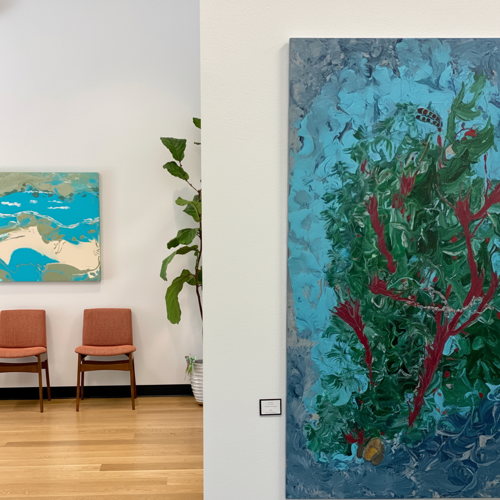 Waiting area at Radius with rotating art series paintings on the walls
